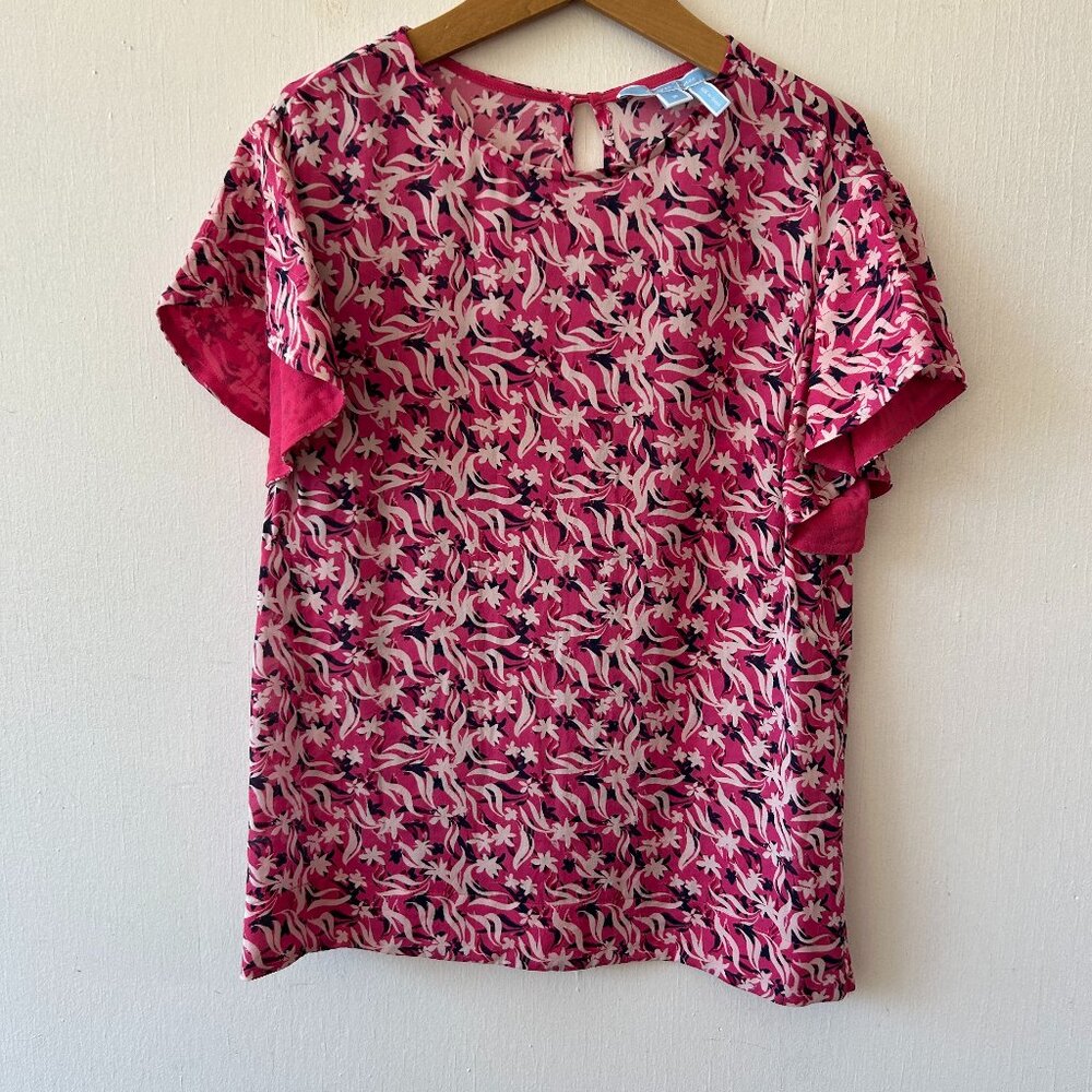 Draper James Silk Blouse Womens 2 Pink Floral Keyhole Neckโ Flutter Sleeves